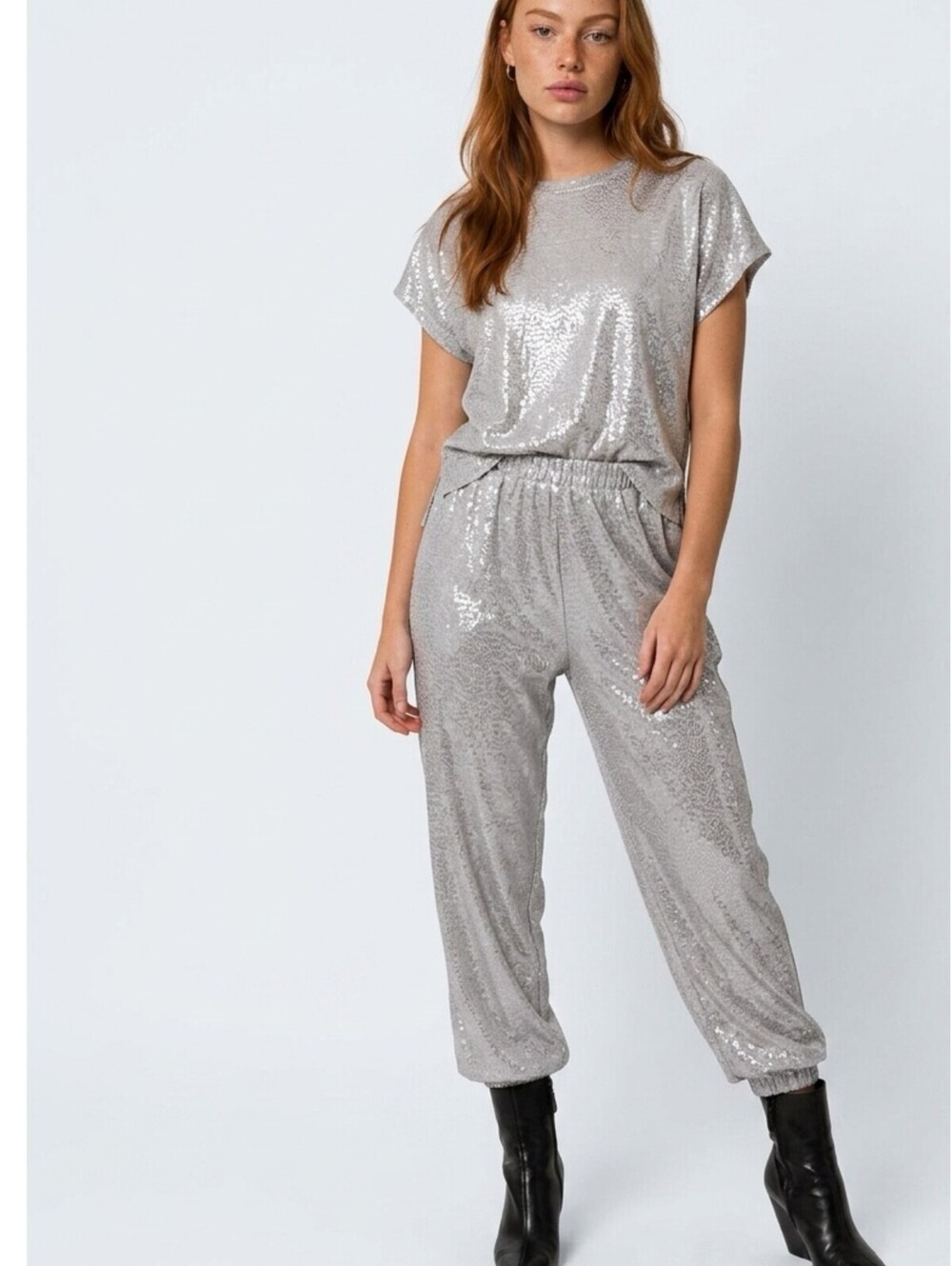 Elan Shimmer Metallic Short Sleeve T-Shirt Jumpsuit Medium Silver NWT MSRP $140